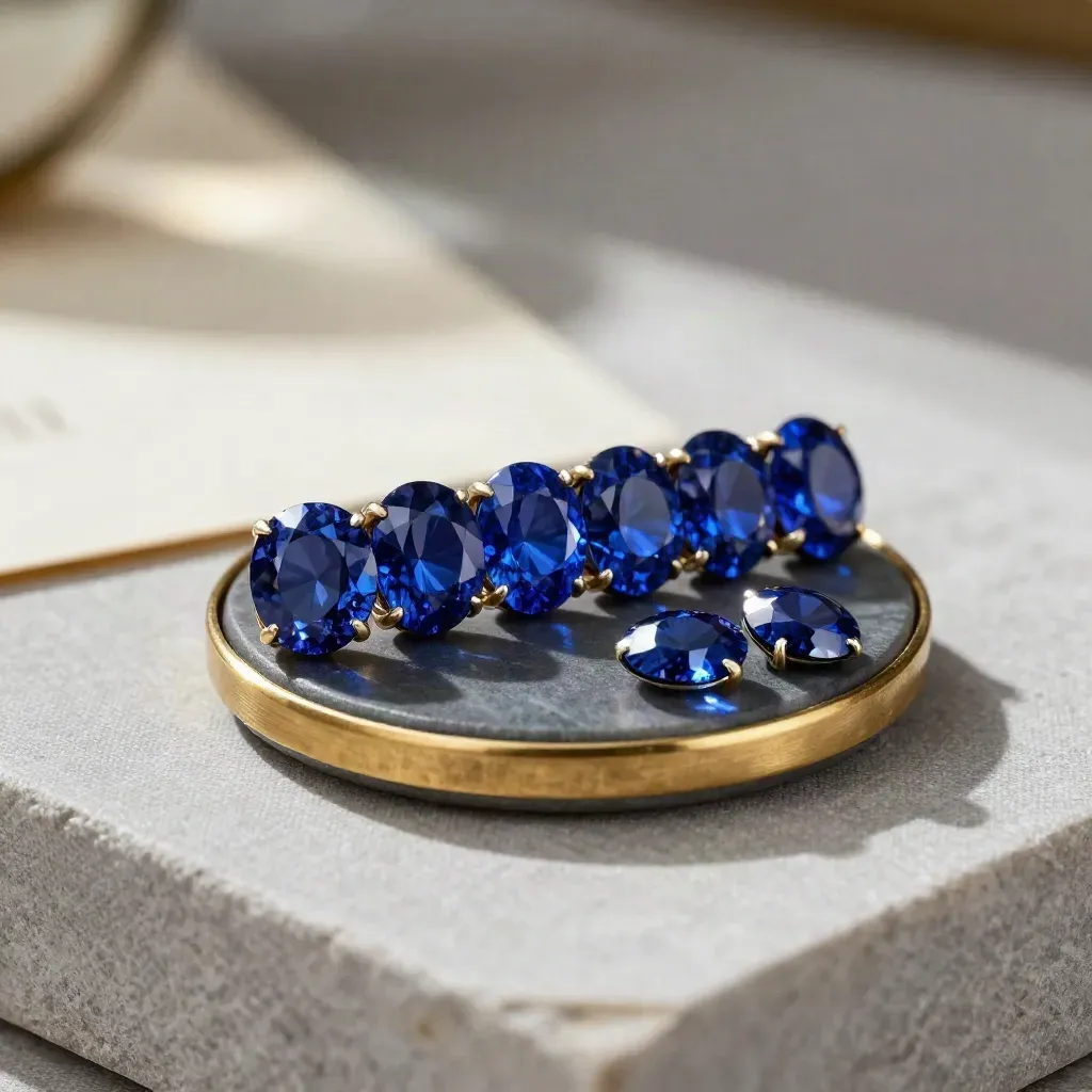 Blue sapphire matched pairs in a stone dish with brass accent on pale stone.