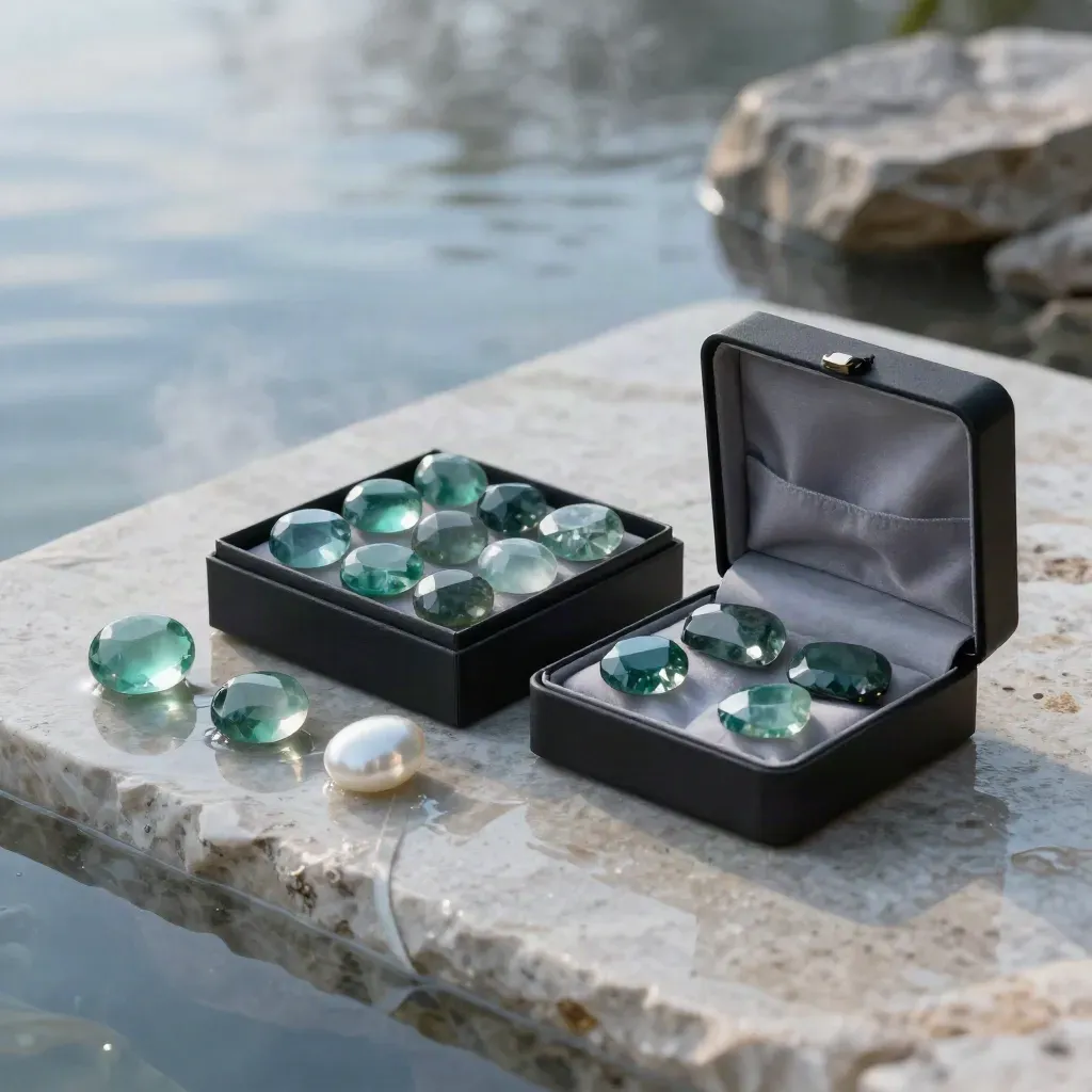 Emerald gemstone match set in matte box with pouch, case and stones on wet pale stone at dawn