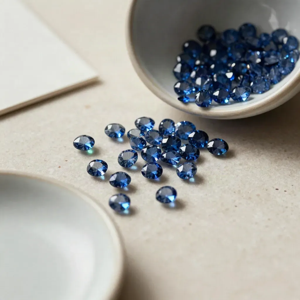 Macro of blue sapphires spilling from a matte dish across pale travertine.