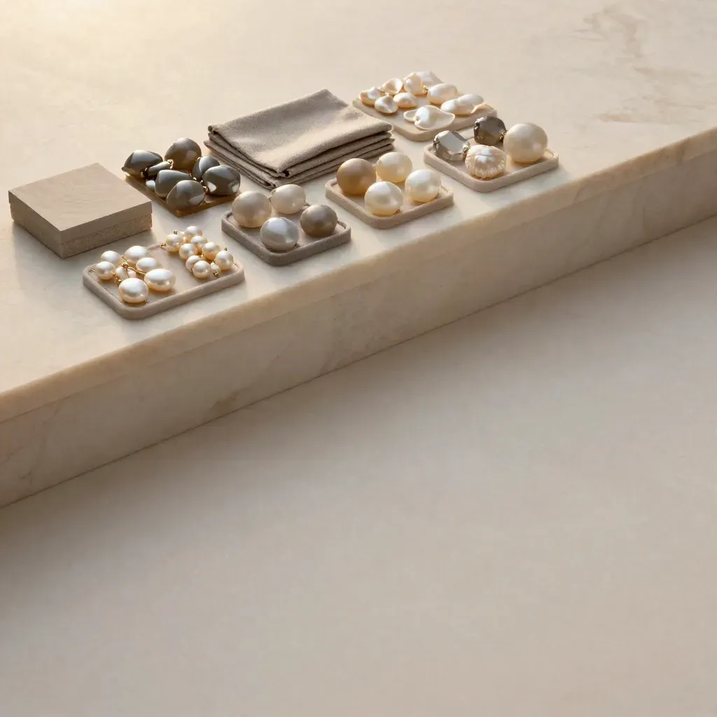 Matched gemstone bundles on a cream marble ledge in warm late-afternoon light.